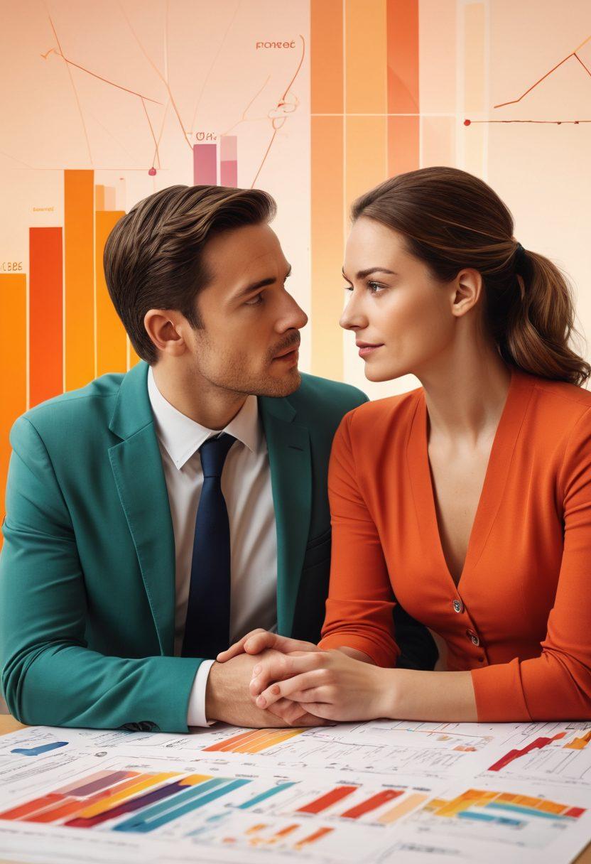 A visually striking split scene depicting a couple discussing their emotional bond on one side, surrounded by warm, soft colors, and a financial expert explaining insurance options on the other side, encompassed with modern financial graphs and statistics. The transition symbolizes the connection between emotions and financial security. Super-realistic. Vibrant colors. Blurred background.