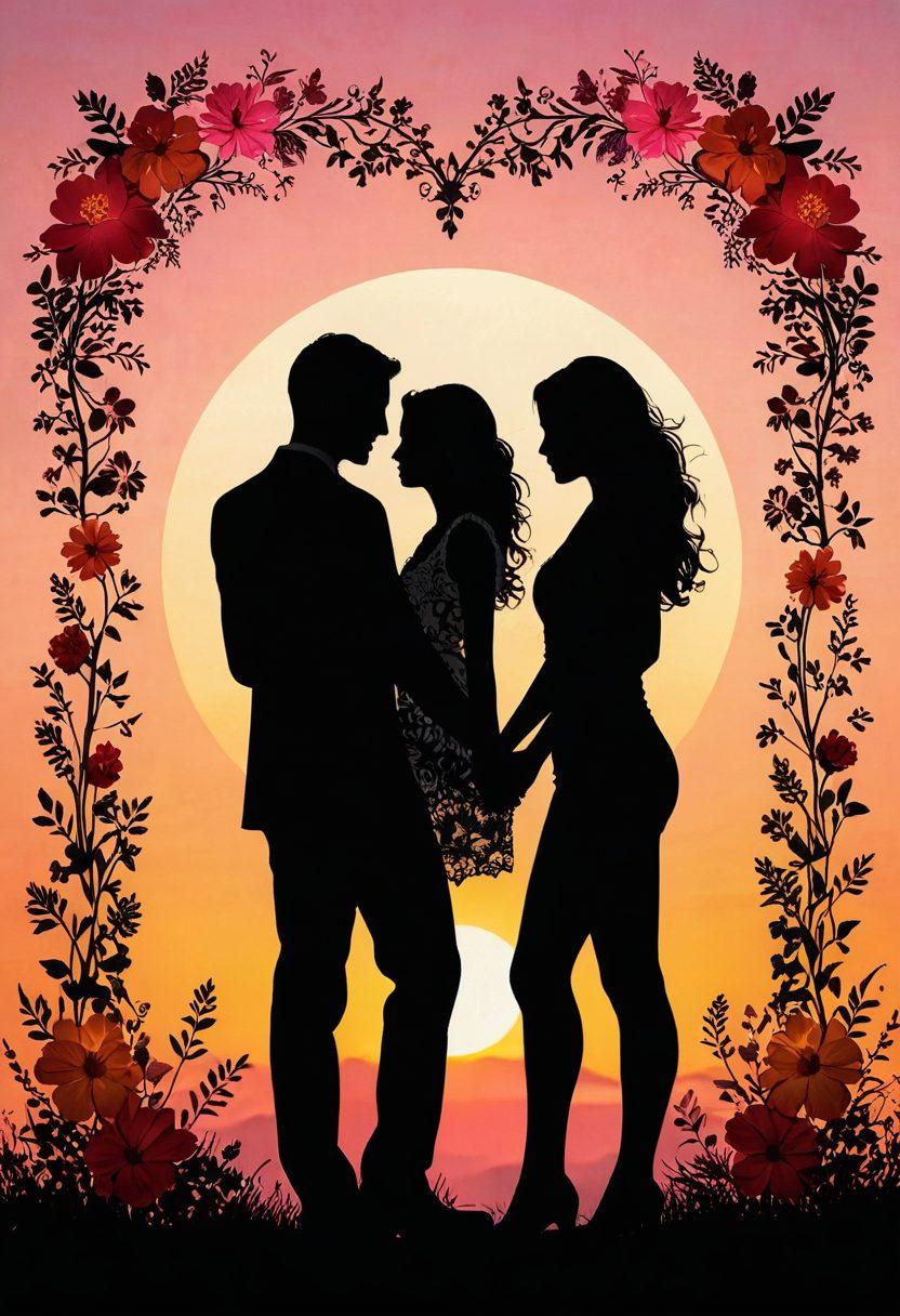 A heart-shaped insurance policy document surrounded by vibrant, flourishing flowers symbolizing love and growth. In the background, a couple holds hands, walking towards a sunset, illustrating the protection love provides. Soft pastel colors blend harmoniously, creating a warm and inviting atmosphere. Include subtle icons representing relationship milestones like weddings and anniversaries. super-realistic. vibrant colors. warm background.