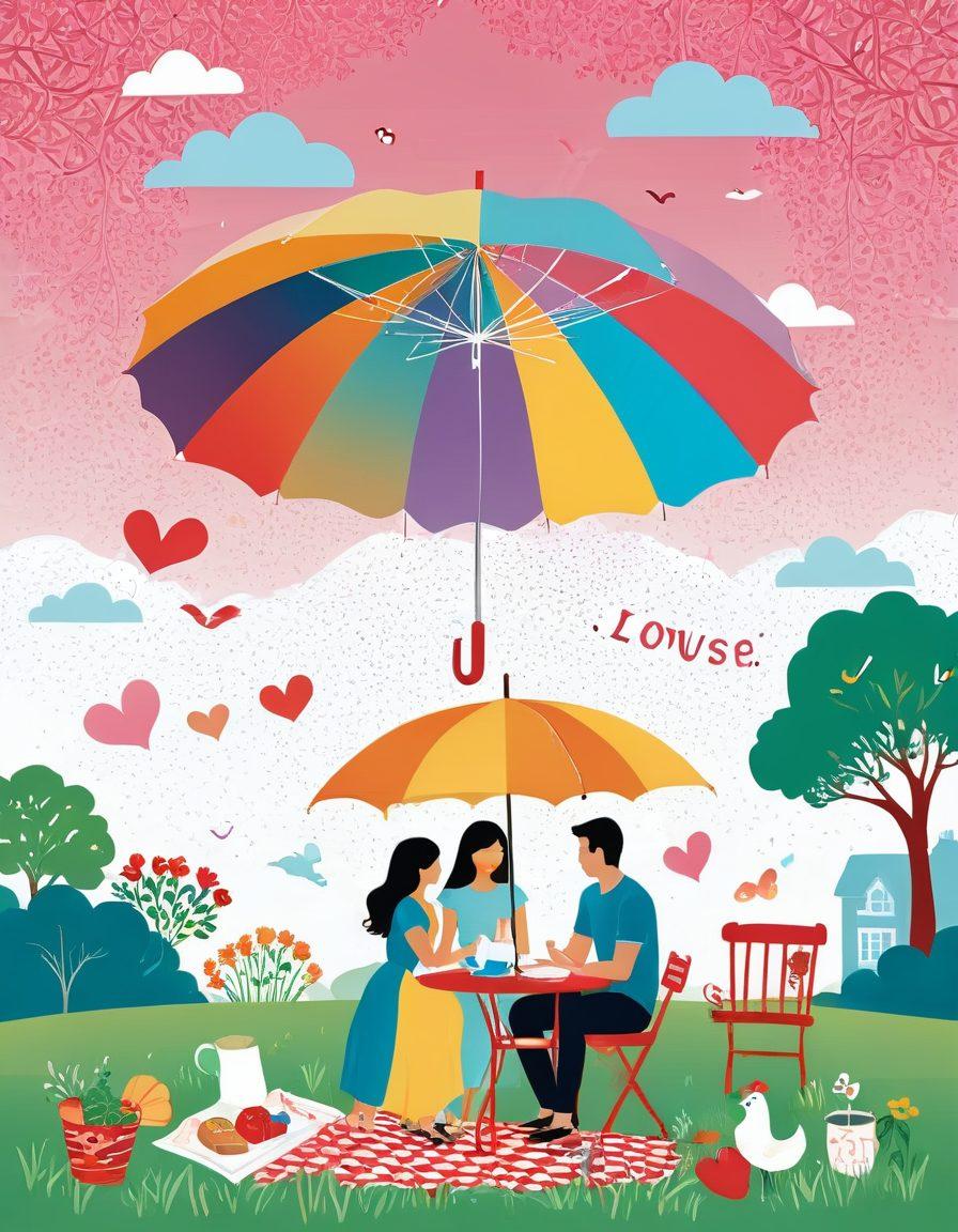 A colorful collage depicting various forms of romantic insurance for couples, showcasing different scenes like a loving couple sharing a picnic under a protective umbrella labeled 'Love Insurance', another couple enjoying a cozy home setting with a framed 'Commitment Certificate' on the wall, and whimsical icons representing romantic safety nets like heart-shaped lifebuoys and trust bridges. The background features soft pastel colors that evoke warmth and security. vibrant colors. vector art.